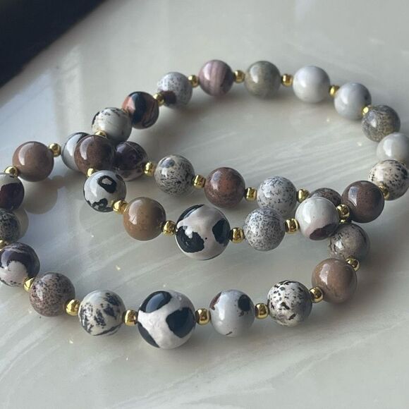 Hand crafted picture Jasper cow print stone crystal ONE NEW stretch bracelet - Picture 1 of 9